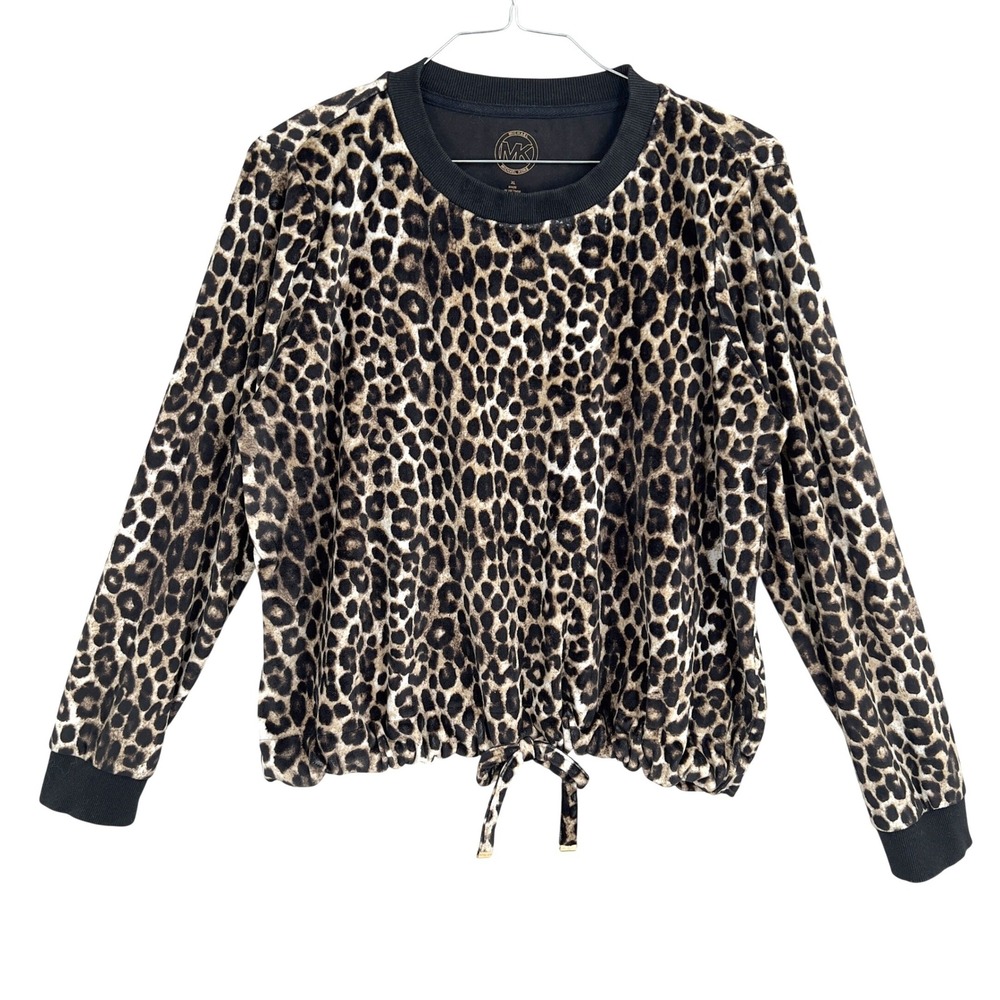 Michael Kors Women's Leopard Velour Sweatshirt Drawstring Hem Super Soft XL